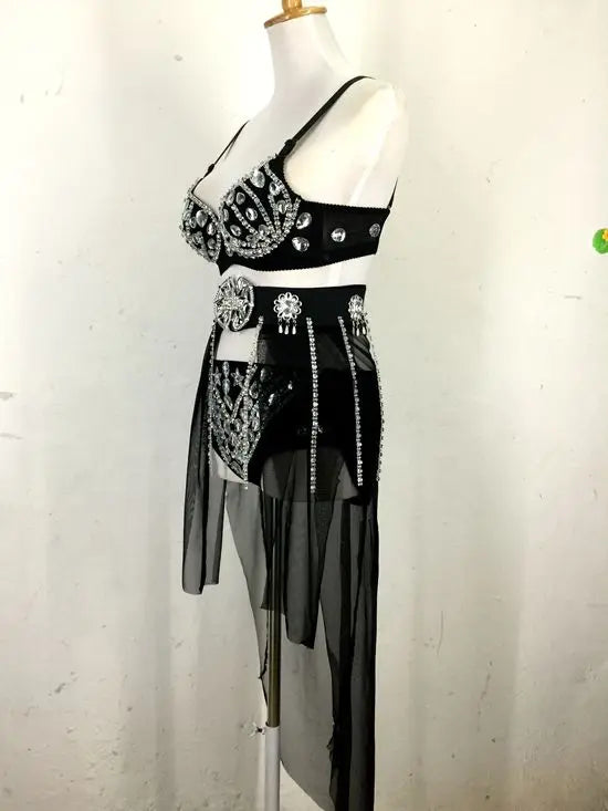New Sexy Handmade DIY Sewing Top + Shorts + Gauze Skirt 3piece Set Nightclub DJ Singer Stage Costumes Women Summer Clothing