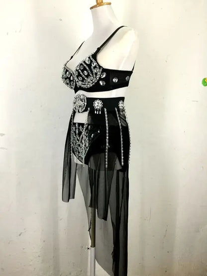 New Sexy Handmade DIY Sewing Top + Shorts + Gauze Skirt 3piece Set Nightclub DJ Singer Stage Costumes Women Summer Clothing