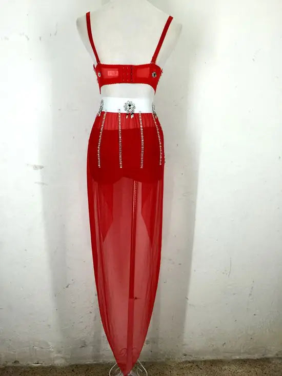New Sexy Handmade DIY Sewing Top + Shorts + Gauze Skirt 3piece Set Nightclub DJ Singer Stage Costumes Women Summer Clothing