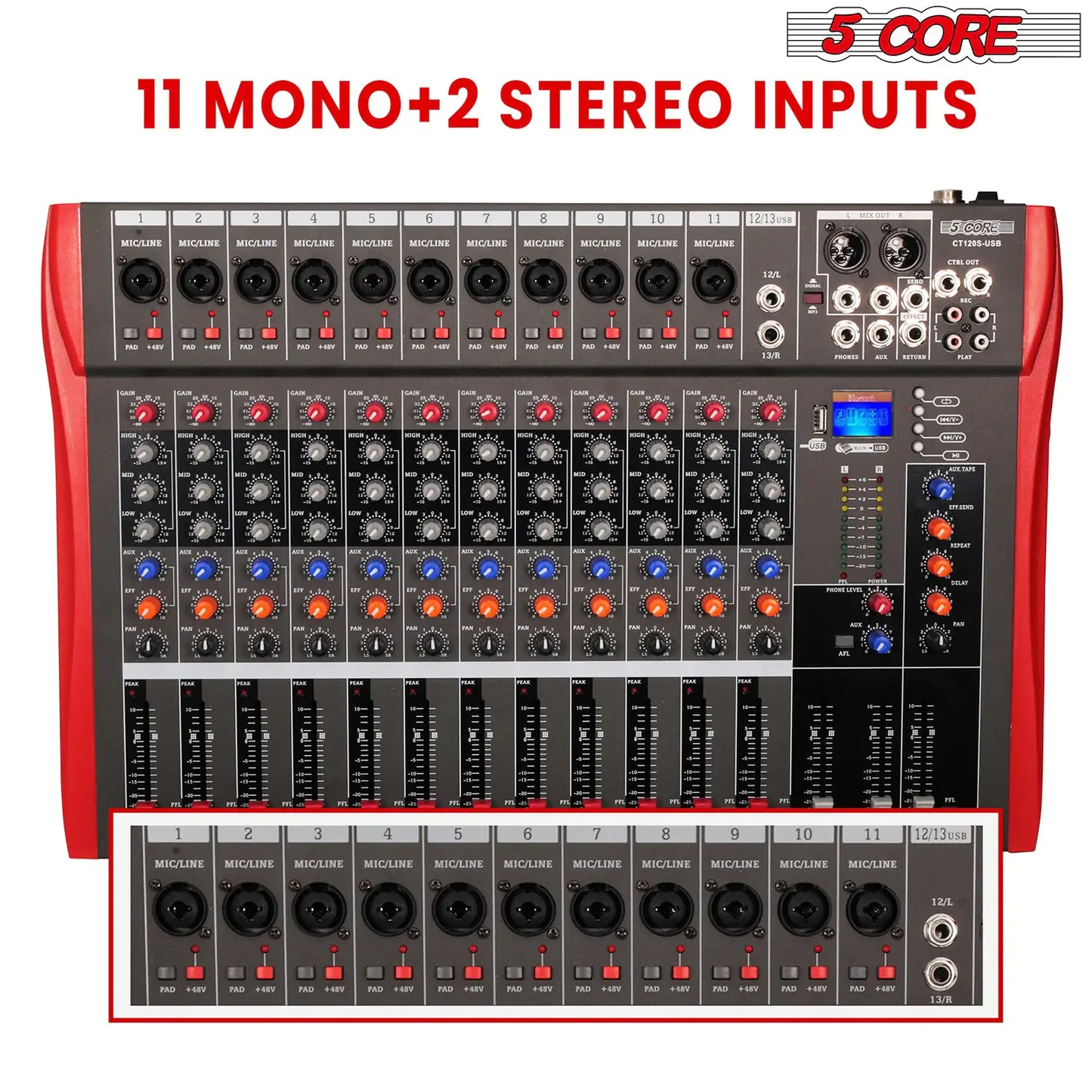 5 Core Audio Mixer 12 Channel DJ Equipment with Bluetooth USB Sound Board Console