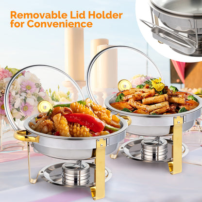 5QT Stainless Steel Chafing Dish Buffet Set Gold Accent, NSF Round Buffet Warmer Chafers and Buffet Warmers Sets with Glass Lid & Lid Holder for Catering Events Parties Weddings Dinners