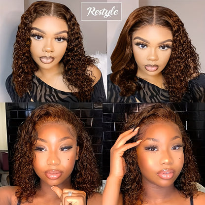 250% Short Water Wave Bob Wigs Chocolate Brown Water Wave Bob Wigs Human Hair Wig 13x6x1 HD Ear To Ear Pre Plucked Hair Line With Baby Hair Brazilian Human Hair Wig Deep Curly Lace Frontal Wig For Women