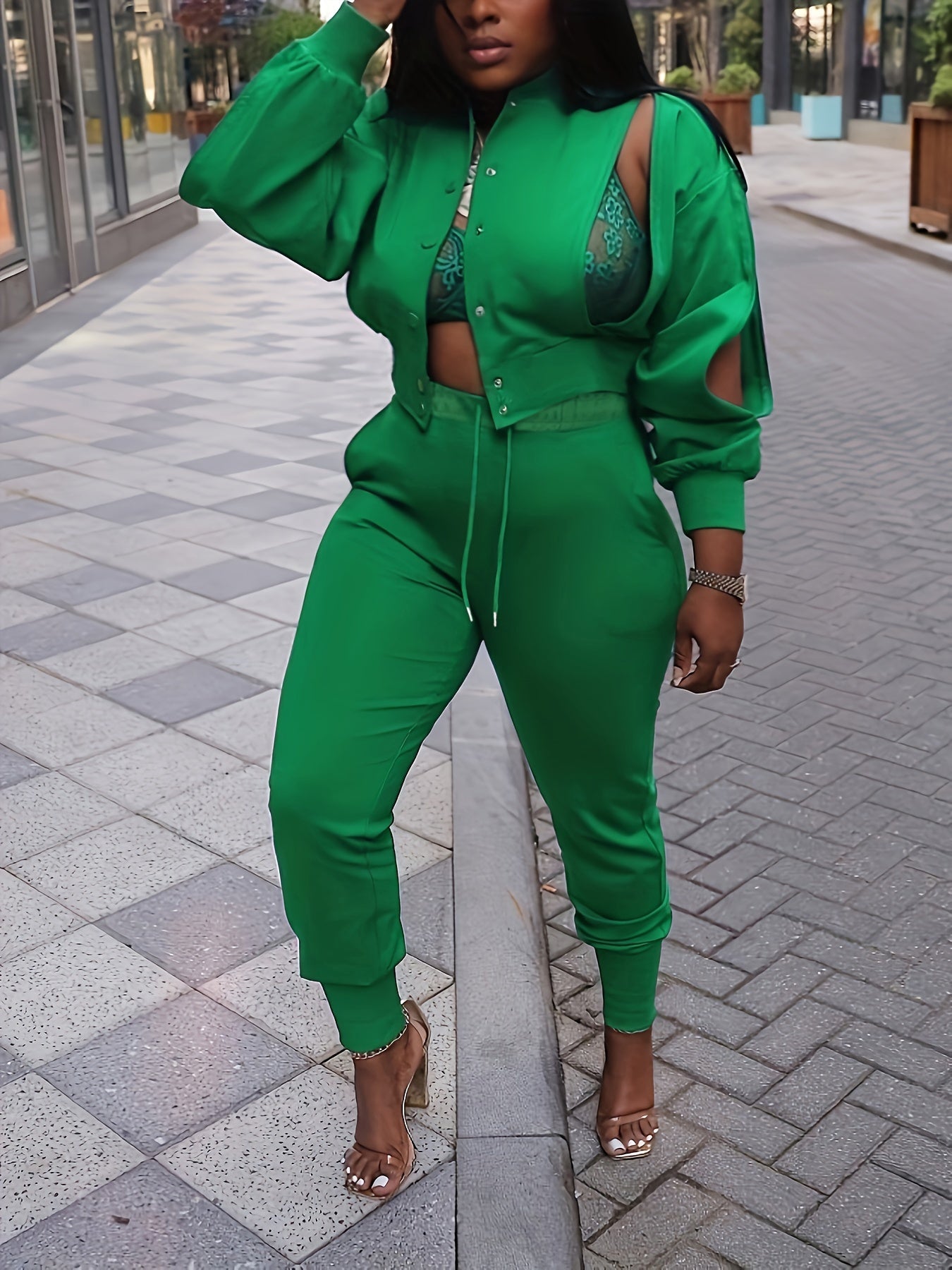 Trendy Two-Piece Pantsuit Set - Stylish Solid Button Front Cut Out Long Sleeve Jacket & Drawstring Pants Outfits for Women, Fashionable Clothing with Chic Design and Comfortable Wear