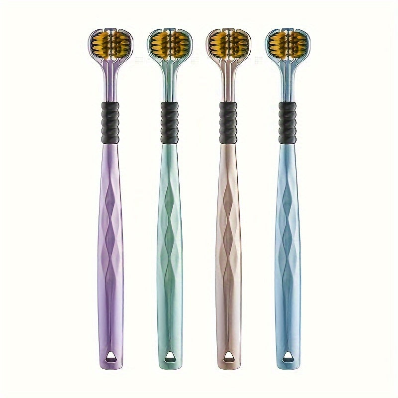 4-Piece Set of Ergonomic Manual Toothbrushes with 3-Sided Brush Heads, Golden Volcano Bristles, and Soft Grip Handles - Suitable for Adults