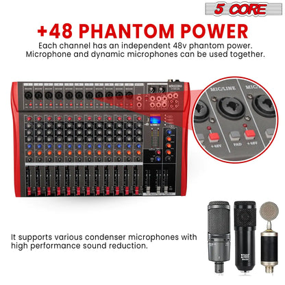 5 Core Audio Mixer 12 Channel DJ Equipment with Bluetooth USB Sound Board Console