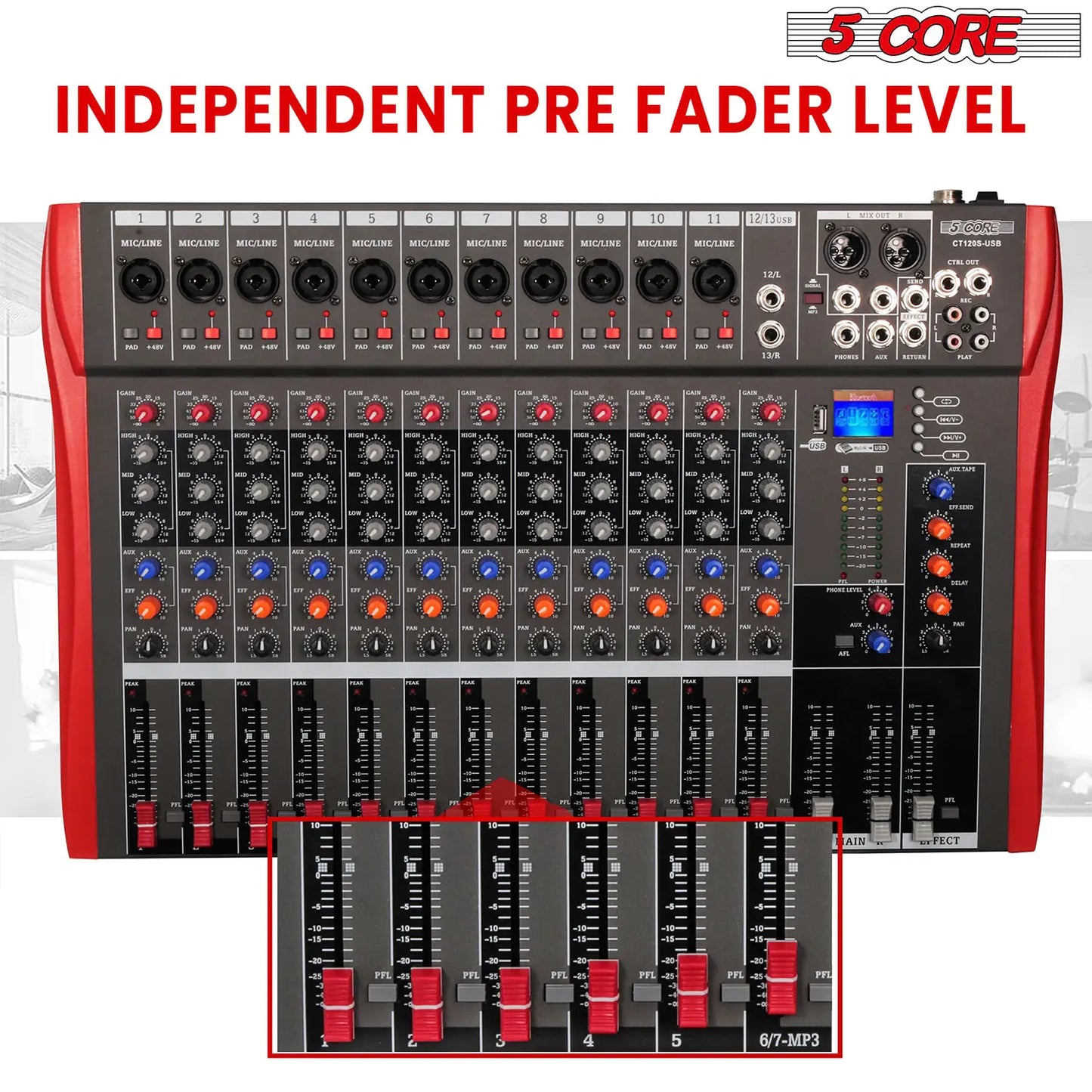 5 Core Audio Mixer 12 Channel DJ Equipment with Bluetooth USB Sound Board Console